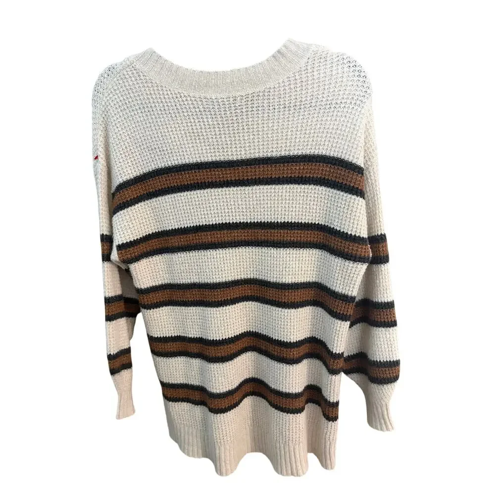 American Eagle Waffle Knit Sweater XS Cream Brown Stripe Oversized Cozy Pullover